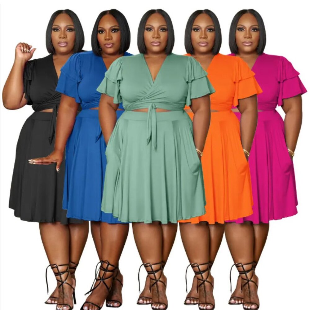 Plus Size Two-Piece Woman'' Skirt Set - Casual V-Neck Top and Above Knee Woman S
